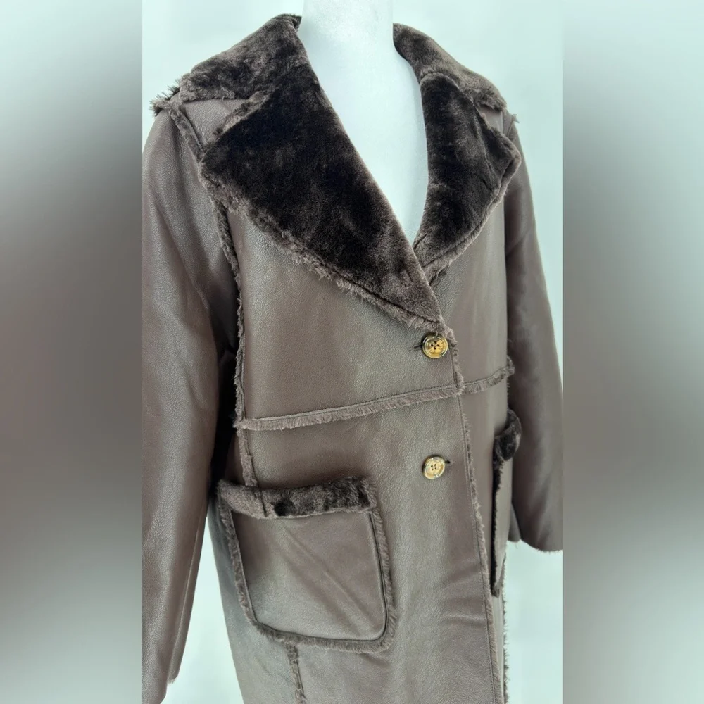 Jason Wi Shearling long Coat Cafe Noir Brown Teddy Lined Button Front Size M NWT - Picture 4 of 8